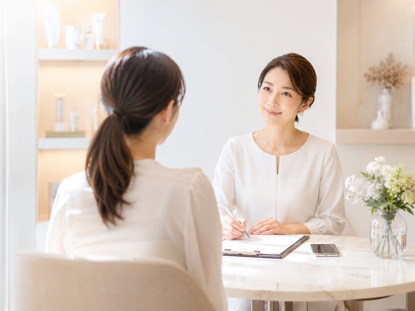 明るいサロンでお客様の相談に丁寧に耳を傾ける女性オーナー